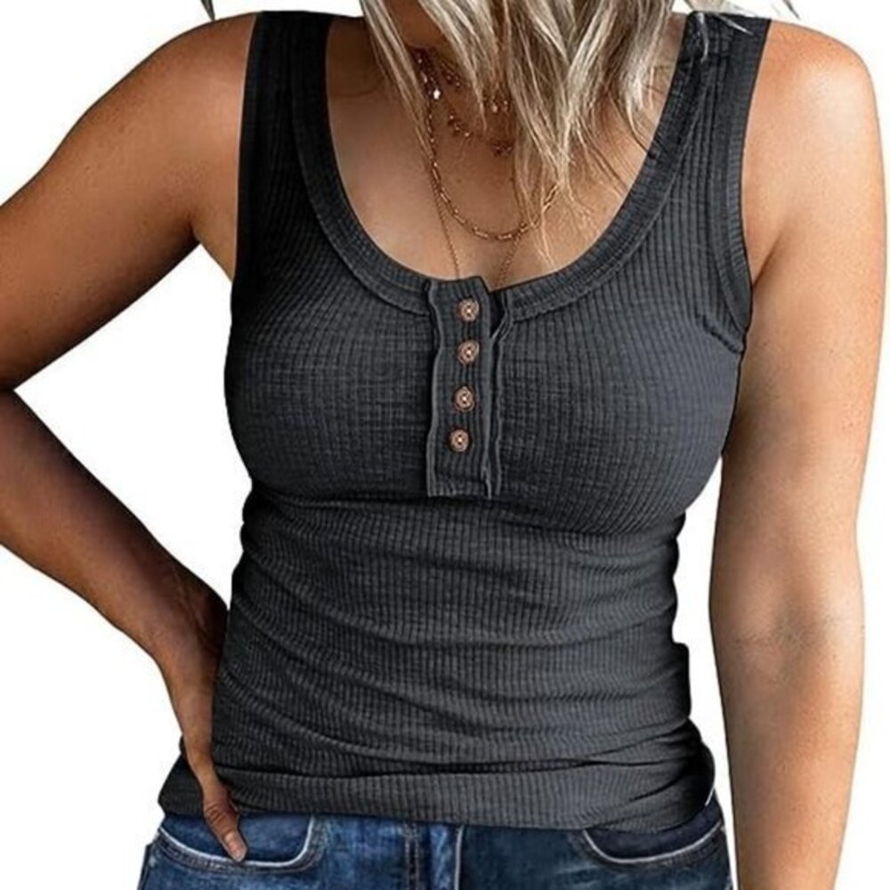 Women's Dark Grey Tank Top Ribbed Henley Button Down
